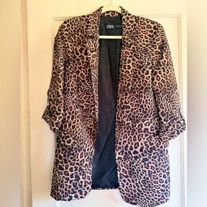 Zara Basic Leopard Animal Print Open Front Blazer 3/4 Ruched Sleeve. EUC.